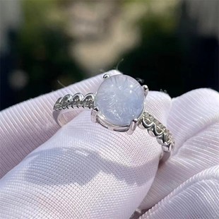 天然水晶蓝线石发晶花圆珠银镶嵌戒指环活扣女款一物一图