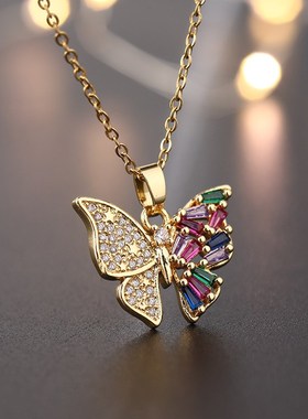 欧美饰品小众设j计彩色锆石蝴蝶锁骨链潮流韩版锆石吊坠蝴蝶项链