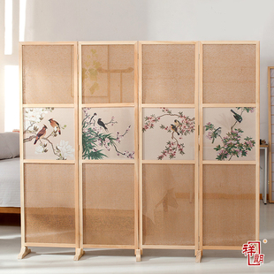 实木布艺半透屏风隔断简约现代折屏座屏玄关乔其纱客厅酒店办公室