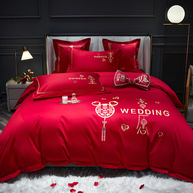 婚庆四件套婚嫁新婚床品刺绣被套红色结婚礼婚房婚床喜庆绣花套件,床上用品,婚庆床品套件,淘宝优惠券,粉丝福利购,淘宝优惠卷