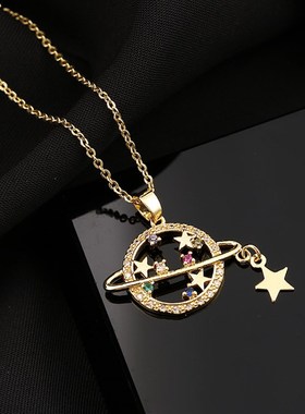 欧美网红insh风行星项链铜微镶彩色锆石个性星球吊坠镀18K金项链