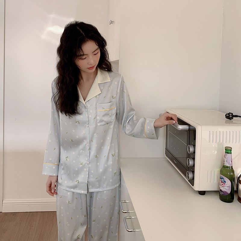 高级感冰丝睡衣女2024年新款春夏秋H款蓝风铃薄款丝滑长袖家居服