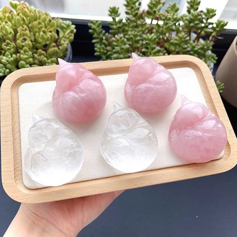 天然白水晶粉晶小猫水晶原石打磨睡猫摆件做工好造型可爱水晶饰品