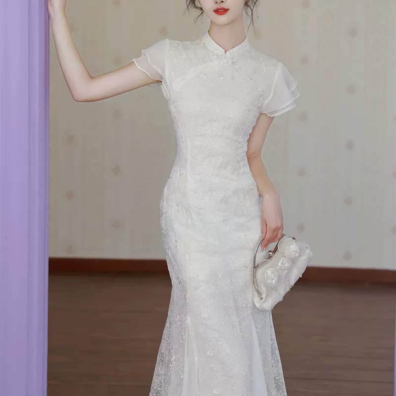 Кимоно cheongsam, белое платье, подружке невесты, китайский стиль, с вышивкой