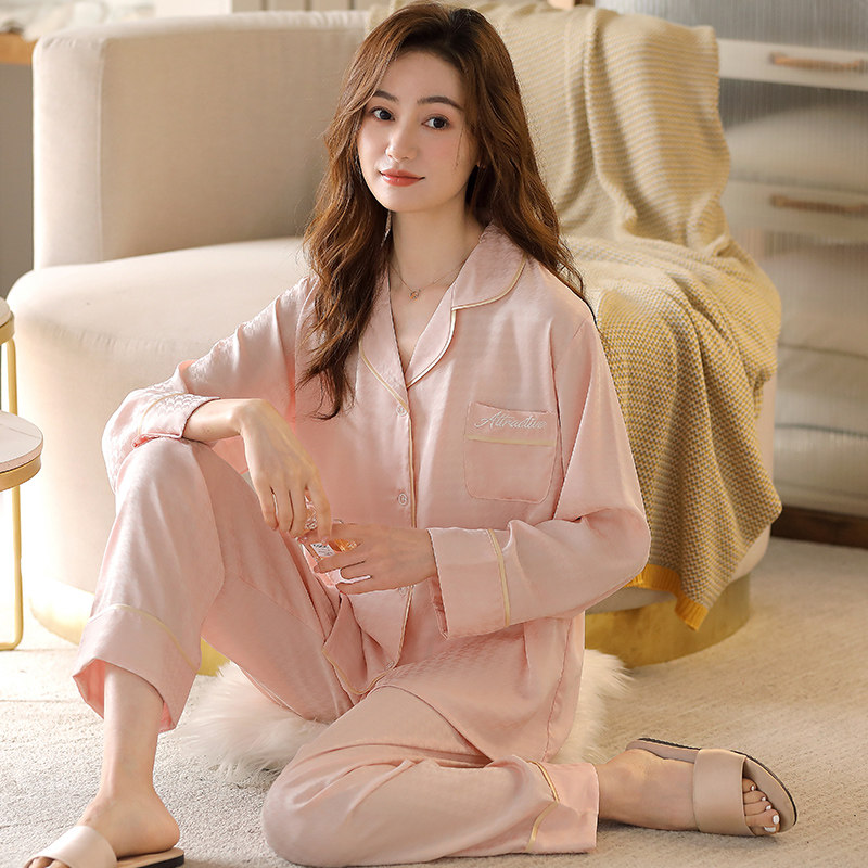冰丝睡衣女士春秋季长袖薄款开衫丝绸夏天加大码两件套家居服套装