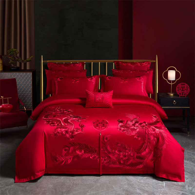 高级感龙凤中式全棉刺绣四件套婚房出嫁红色床盖喜庆结婚床品,床上用品,婚庆床品套件,淘宝优惠券,粉丝福利购,淘宝优惠卷