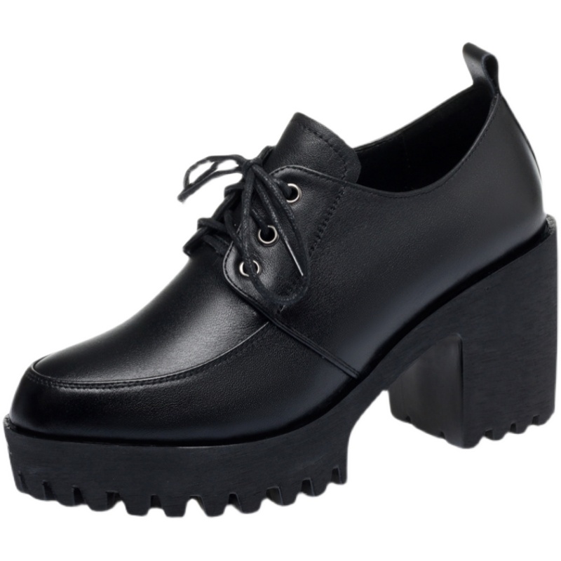 牛皮单鞋女高跟真皮深口女鞋中年女士系带皮鞋粗跟圆头厚底松糕鞋