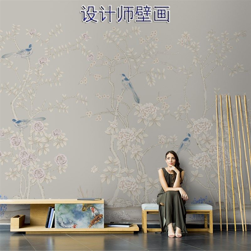 新中式花鸟壁纸客厅电视背景墙纸卧室床头墙壁布法式别墅餐厅墙布