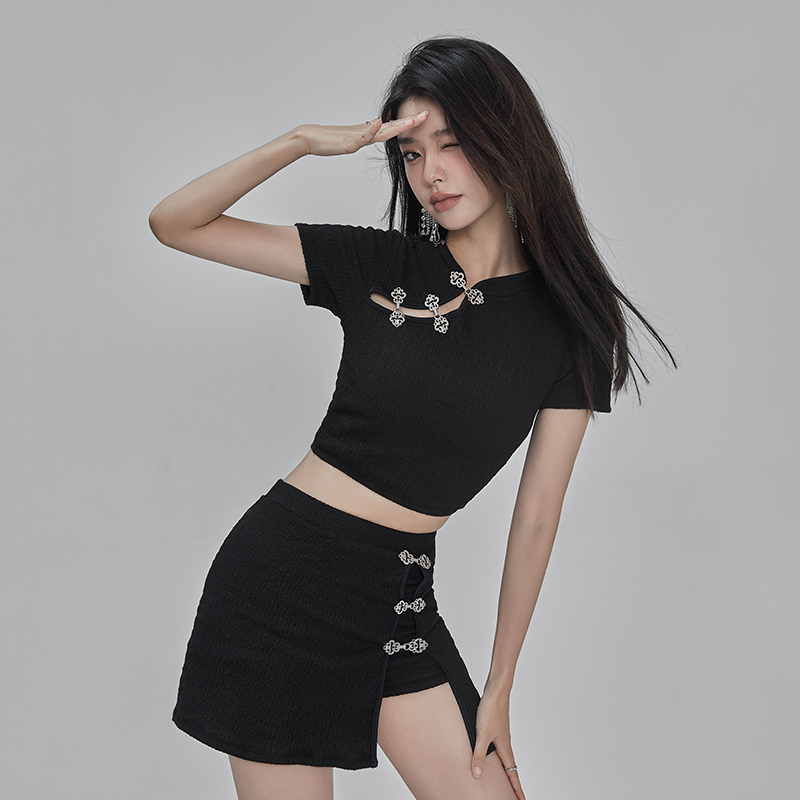 日系可爱少女甜美中国风旗袍黑色遮肉显瘦小胸保守平角裤分体泳衣