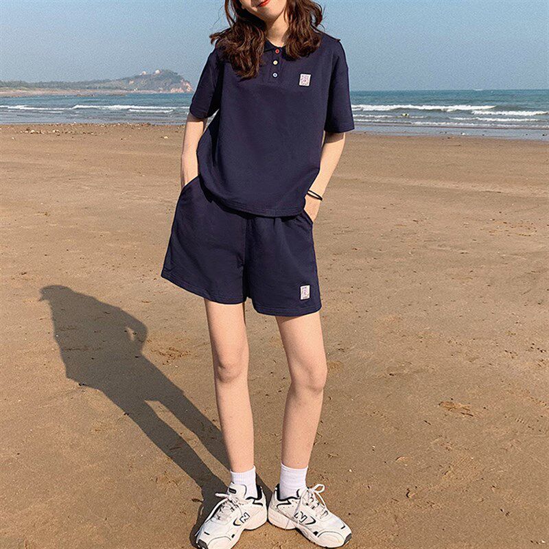 运动套装女夏装2022新款宽松韩版跑步服小个子纯棉休闲两件套短裤
