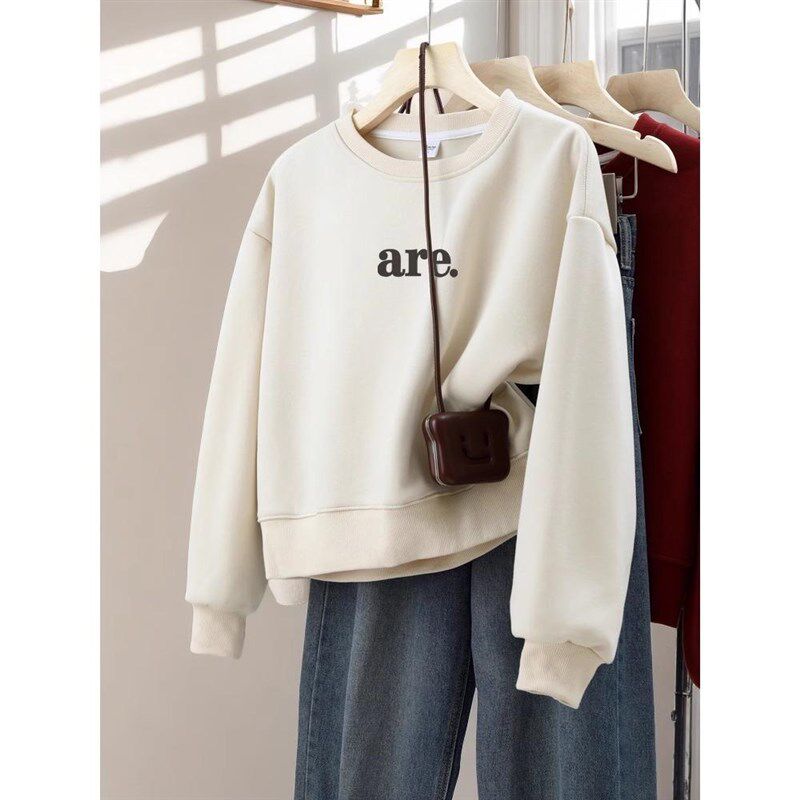 韩版圆领套头e卫衣女2024年新款秋冬季慵懒风印花短款长袖上衣外