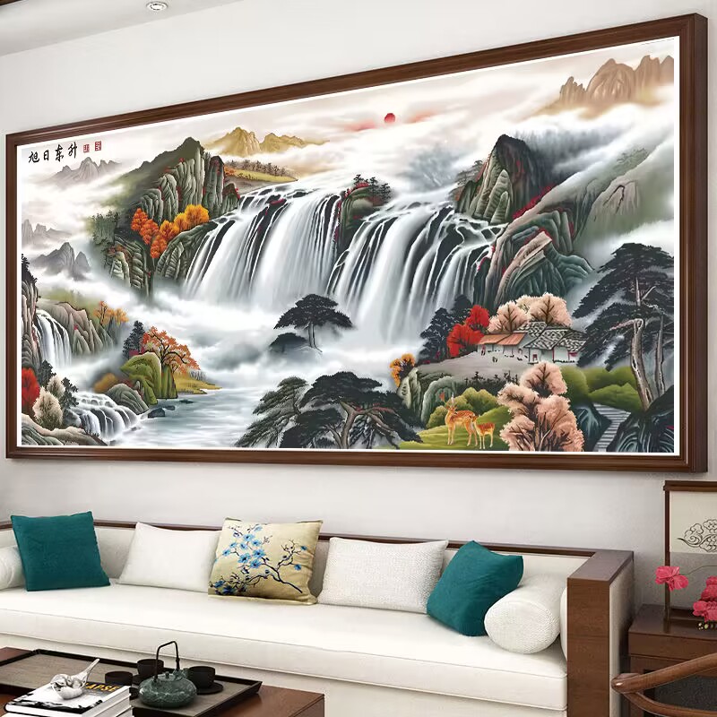 流水生风十字绣2203新款线绣客厅财景山水麋鹿旭日东升自己绣满绣