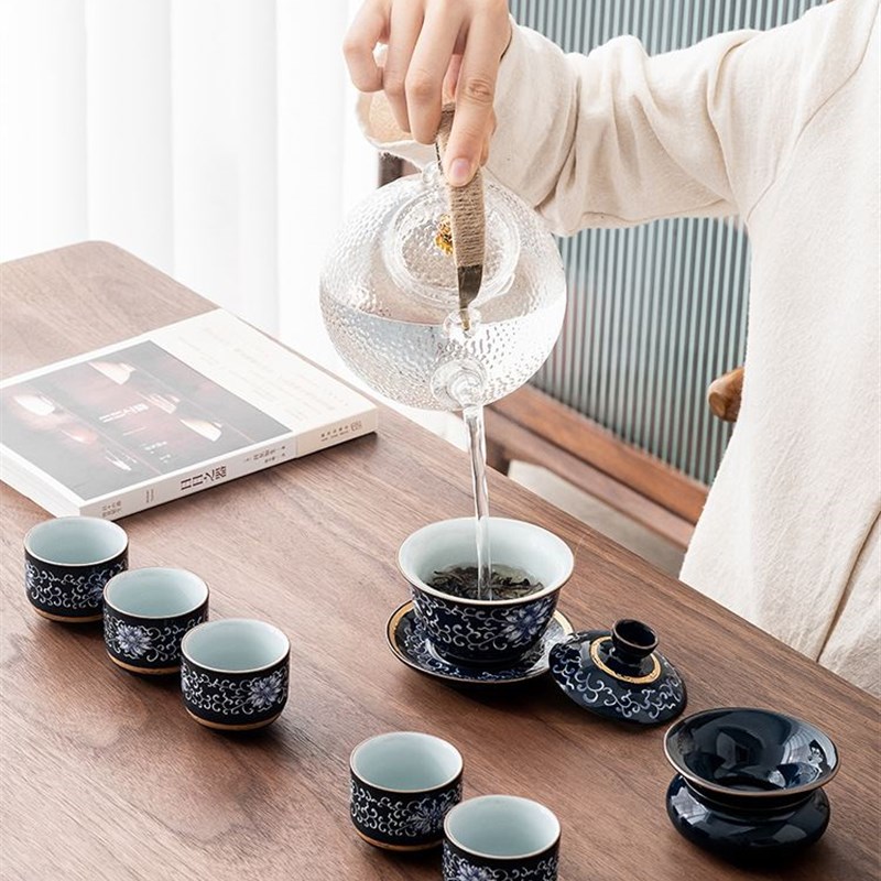 藤草功夫茶具套装家用办公室会客大套泡茶壶乌金石茶盘送礼