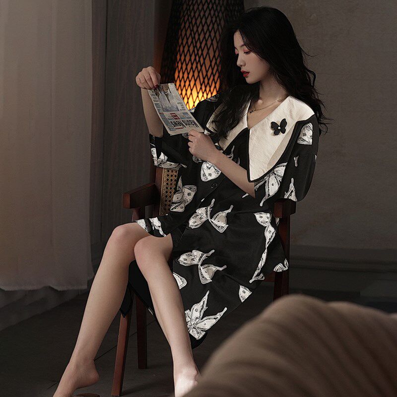 睡裙夏季女款凉感家居服薄款中长款睡裙女夏天自带胸垫可外穿