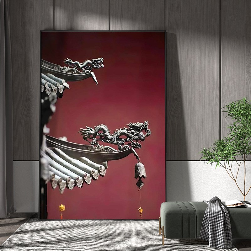 新中式轻奢客厅玄关装饰画古风建筑砖红背景墙壁室内设计竖版挂画图片