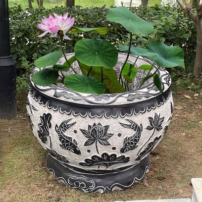 石雕花盆鱼缸青石庭院鱼缸仿古石头花盆天然石材圆盆种花中式石缸