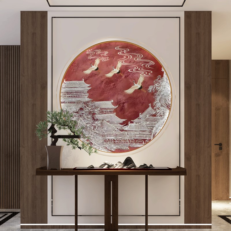 新中式圆形装饰画餐厅走廊过道玄关3d立体浮雕客厅壁画画芯壁纸8d图片