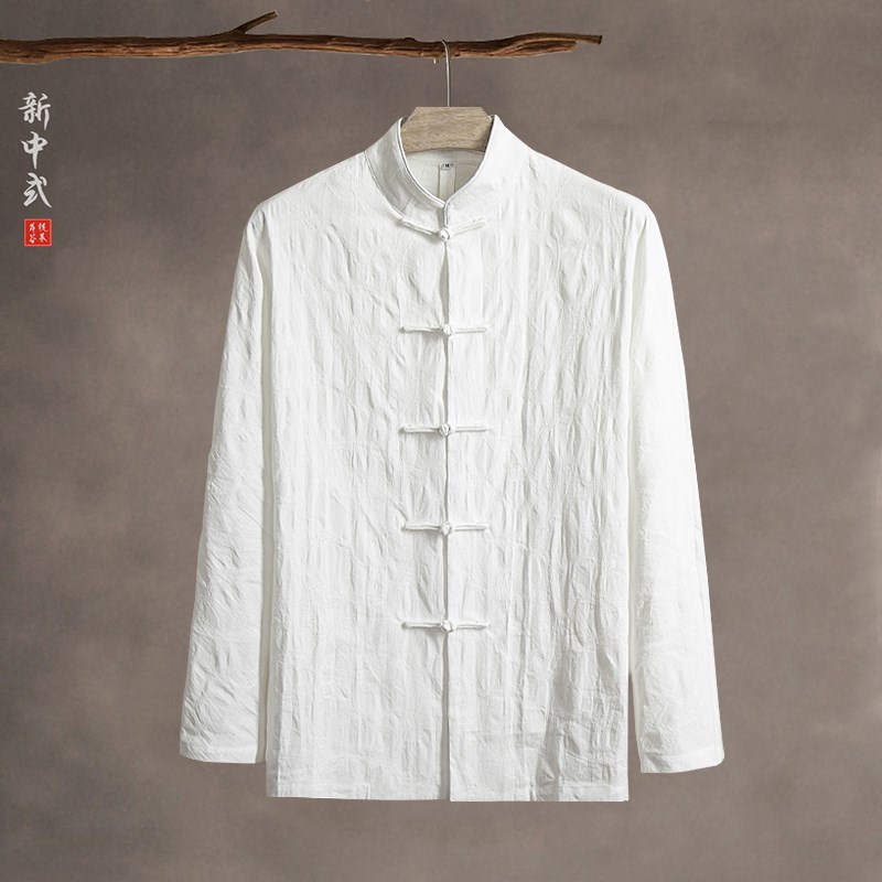 新中式提花休闲立领唐装男衬衫中国风复古盘扣中山装茶服长袖上衣