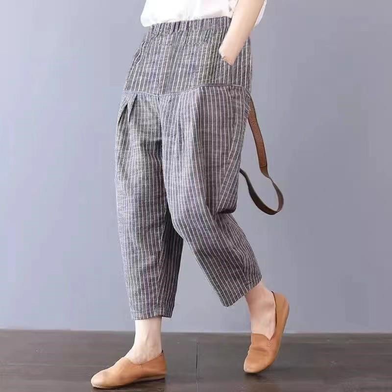 棉麻条纹九分薄款哈伦裤女夏季新款松紧腰宽松显瘦亚麻休闲老爹裤,运动/瑜伽/健身/球迷用品,广场舞上装,淘宝优惠券,粉丝福利购,淘宝优惠卷