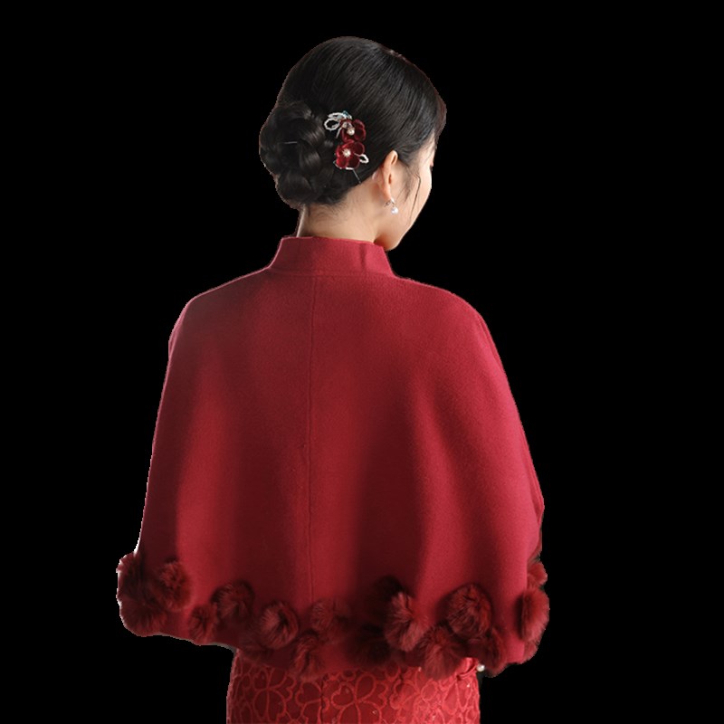 红色披肩妈妈旗袍外搭秋冬季婚礼斗篷保暖新娘敬酒服结婚披风外搭