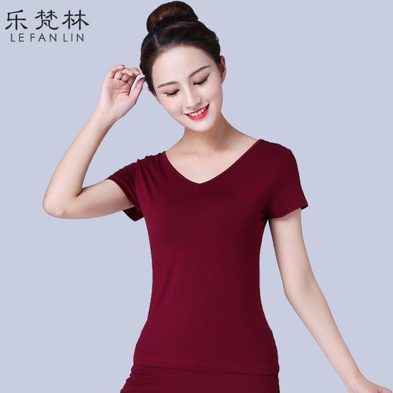 现货广场舞服装新款夏秋拉丁舞后A背交叉V领短袖修身形体服上衣莫