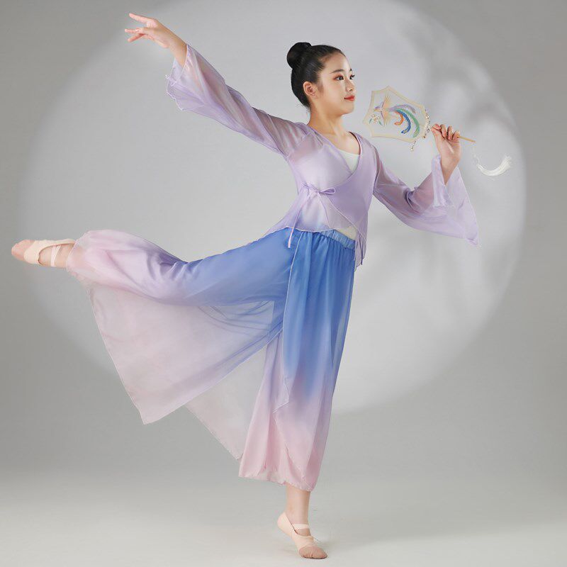 新品儿童古典舞纱衣飘逸女童民族练功服中国舞扇子舞演出服
