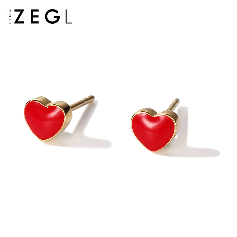 新品ZEGL小红心耳钉女爱心气质z耳饰2021新款潮简约小巧桃心红色