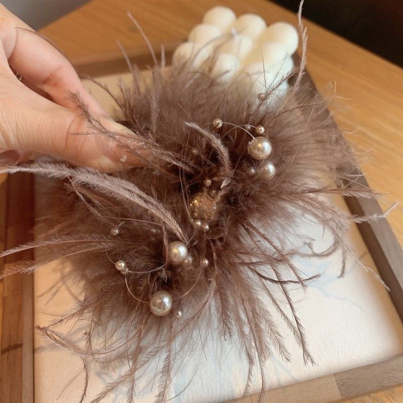 2024年新款美拉德咖羽毛珠珠抓夹显发量8cm气质扎马尾高级感发饰