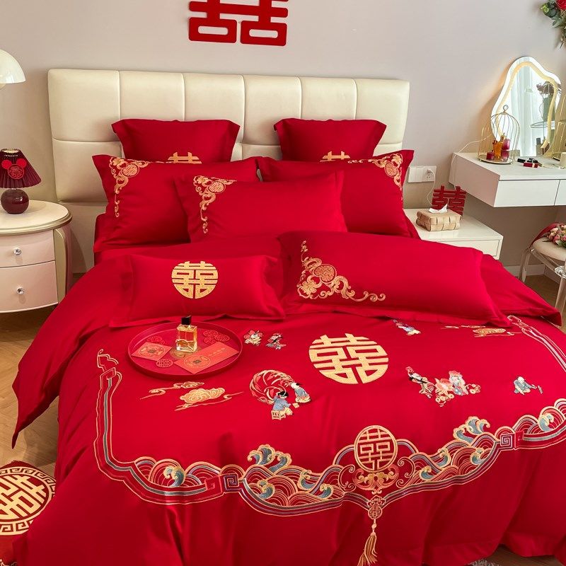 档中式结婚四件套红色百子图刺绣被套全棉婚庆床上用品婚房,床上用品,婚庆床品套件,淘宝优惠券,粉丝福利购,淘宝优惠卷