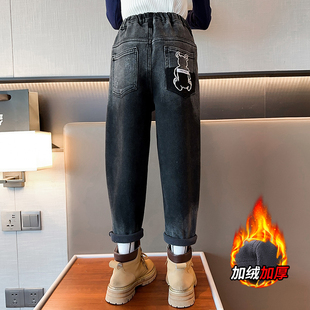 加厚一体绒老爹裤 女童加绒牛仔裤 洋派女大童冬季 n2023新款 秋冬季