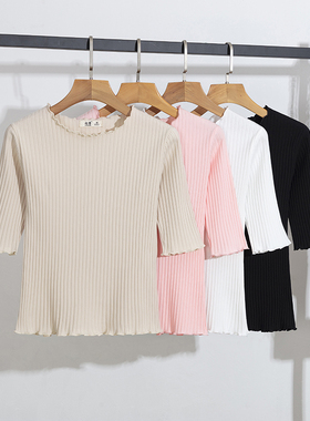 夏装白色中c袖针织衫短款上衣棉T恤女2021年新款修身七分袖打底衫