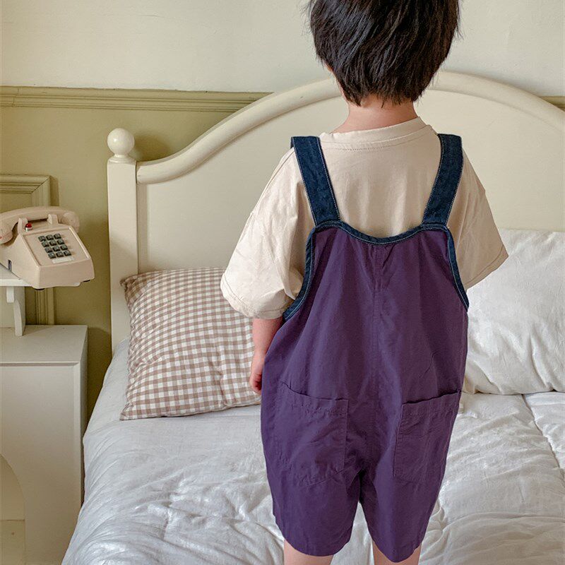 暮晨家新款夏装2023男童牛仔拼接背带裤宝宝薄款直筒裤连体七分裤