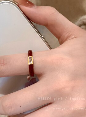 现货复古酒红色滴釉锆石戒指女轻奢高级感开口食指戒X时尚个性简