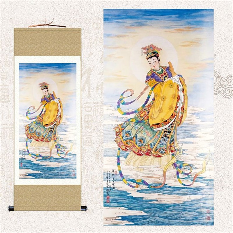 湄洲妈祖神像画像挂画天后娘娘天上圣母结缘海神林默娘丝绸卷轴画