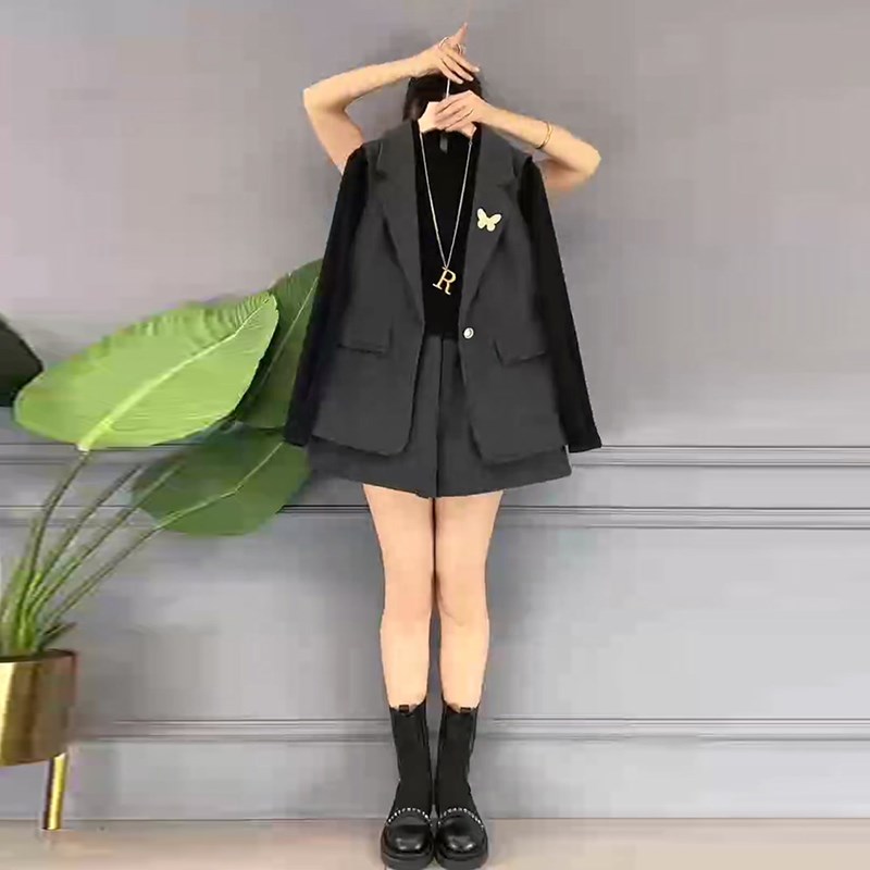 冬季新款高级感时尚西服马甲大码女装胖mm百搭打底衫短裤三件套潮