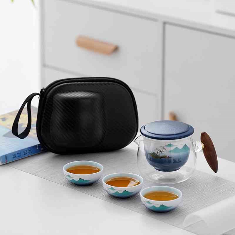 旅行功夫茶具套装陶瓷玻璃泡茶杯户外车载便携包一壶三杯泡茶壶