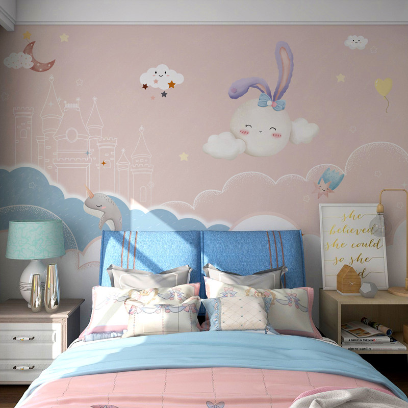 儿童房壁纸女孩房墙布月亮云朵壁布公主房壁画墙面装饰.无纺布墙