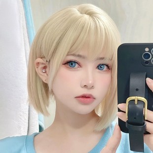 假发女短发夏日常bobo头自然减龄仿真lisa同款 白金色短直发全头套