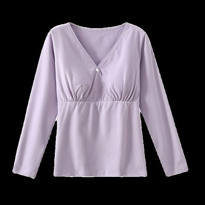 薄绒带胸垫睡衣上衣女单件秋冬德绒发热衣月子服哺乳产后家居服