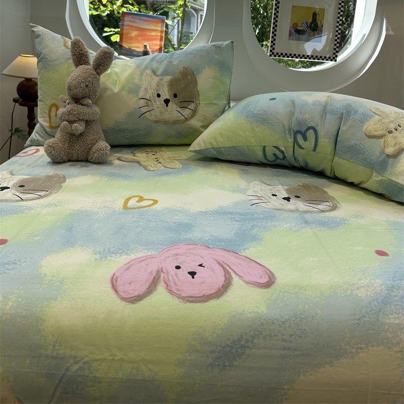 涂鸦风蜡笔画小猫小兔全棉床笠床单单件1.35m学生宿舍保护套,床上用品,床单,淘宝优惠券,粉丝福利购,淘宝优惠卷
