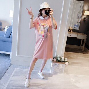 小清新孕妇装夏天裙子中长款韩版C宽松卡通孕妇夏装 时尚款连衣裙