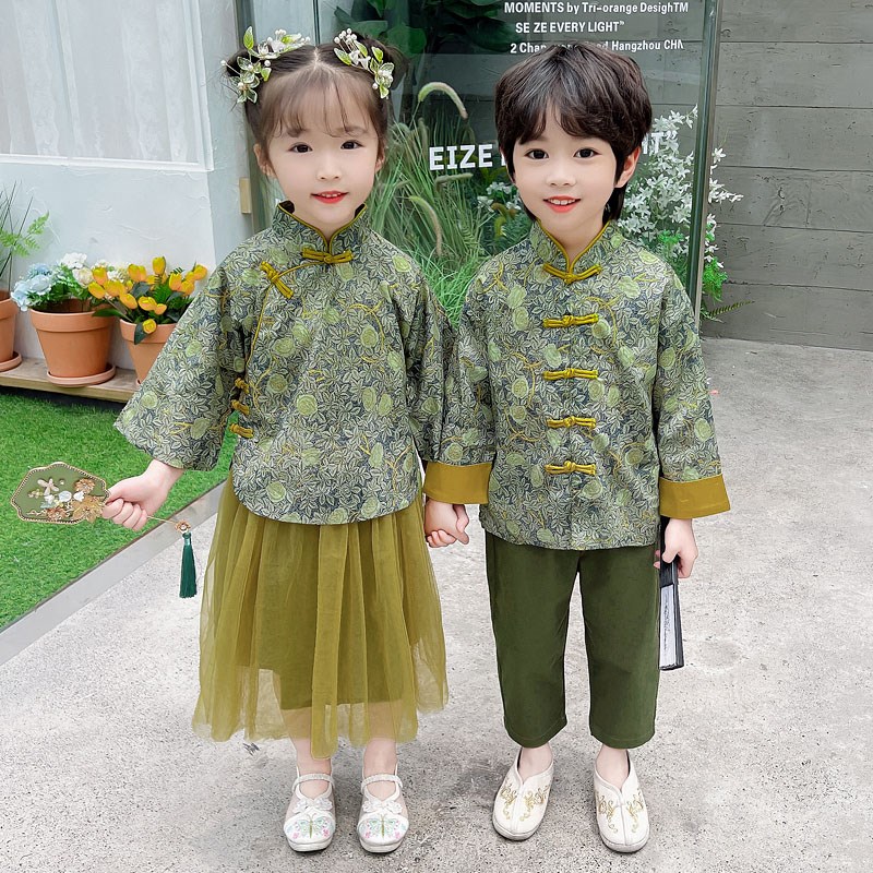 现货儿童新中f式汉服春秋男童唐装女童国学古装套装薄款幼儿园演