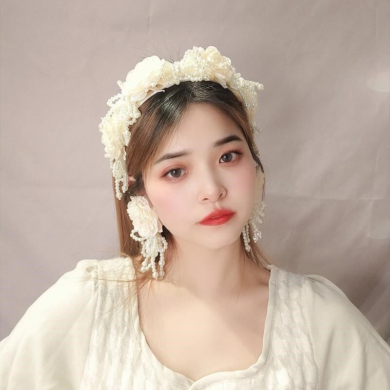 森系发饰奶白色花朵发箍女高级感珍珠流苏发卡女宽边W压发甜美头