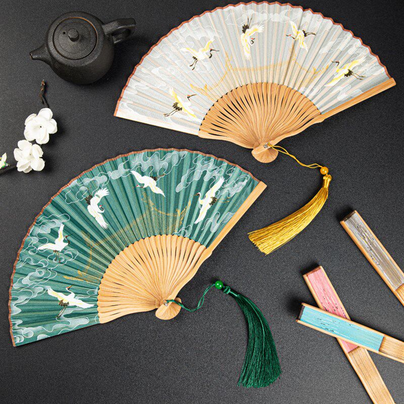 热销古代公主扇子瑞鹤图女式折扇旗袍汉服随身新中式中国风儿童古