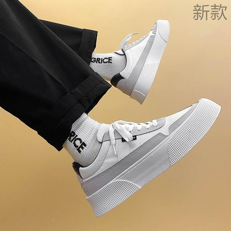 2023春季新男鞋款街拍小众帆布小白鞋低帮厚底增高板鞋男新款