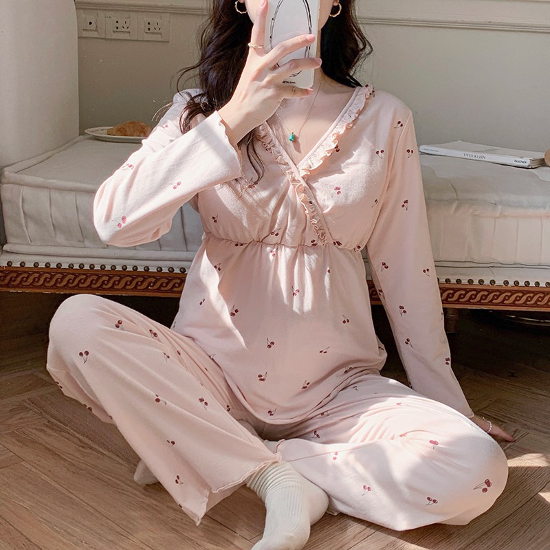 月子服夏季薄款纯棉产后春秋哺乳孕妇睡衣春夏款带胸垫产妇家居服