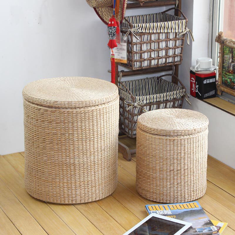 手工草编圆形收纳凳子储物凳田园实木可坐人换鞋凳搁脚凳大号,收纳整理,收纳凳,淘宝优惠券,粉丝福利购,淘宝优惠卷