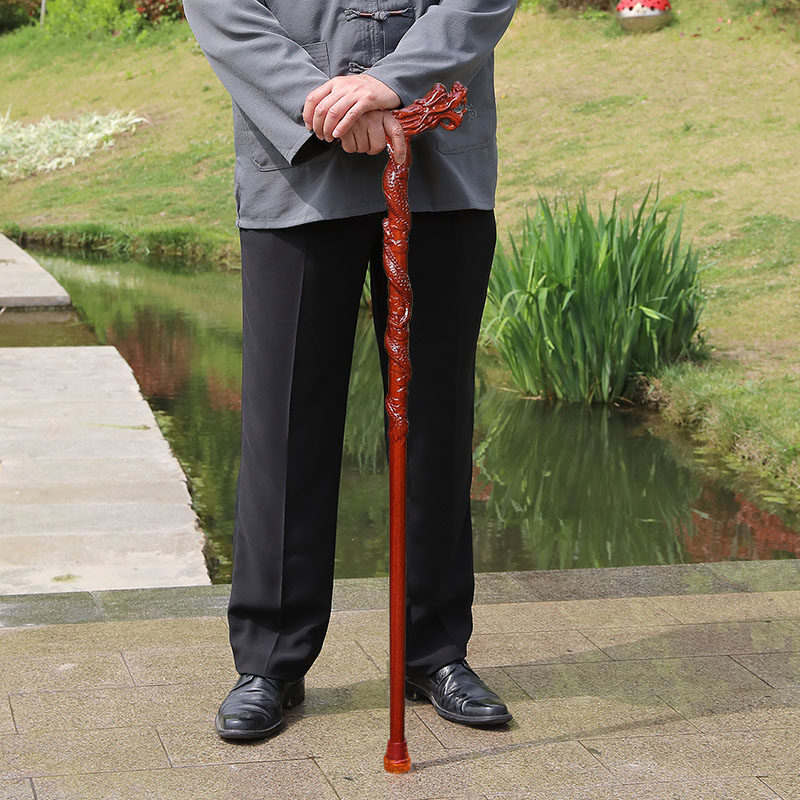 龙头紫檀拐杖红木拐棍实木雕刻四B脚防滑银口木手杖老年人拐棍捌