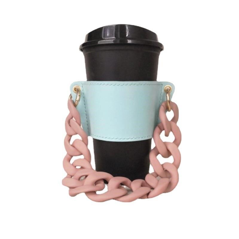 PU皮革手提玻璃杯套 饮料汽水手提袋 可折卸链条咖啡杯奶茶杯套