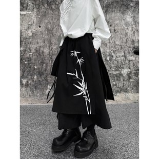 日系山本耀司风立体叠层绑带设计感阔腿裙裤竹子印花国潮风八分裤